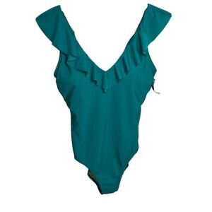 Old Navy Ruffle V-Neck One-Piece Swimsuit Size L NWT Teal Green Cheeky
